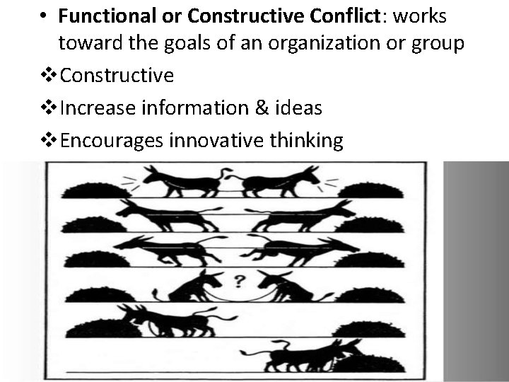  • Functional or Constructive Conflict: works toward the goals of an organization or