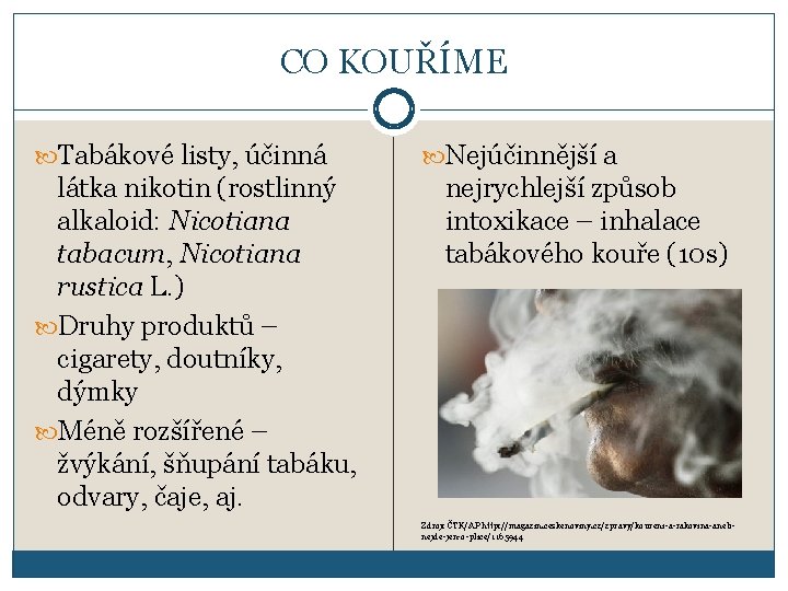 CO KOUŘÍME Tabákové listy, účinná látka nikotin (rostlinný alkaloid: Nicotiana tabacum, Nicotiana rustica L.