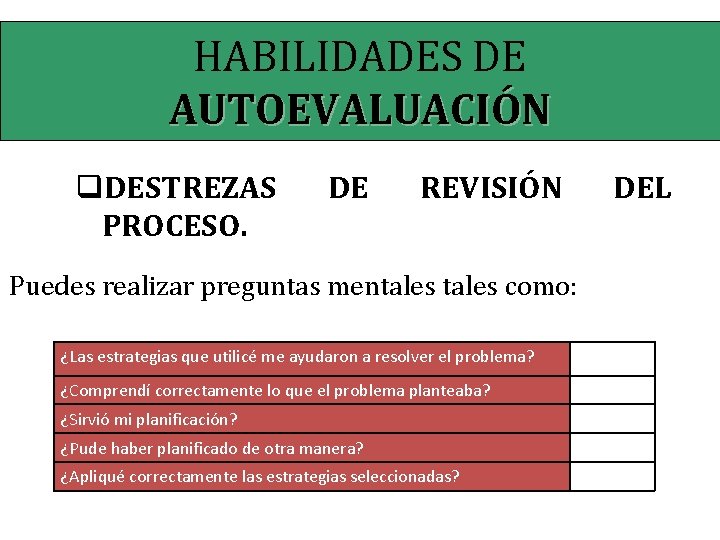 HABILIDADES DE AUTOEVALUACIÓN q. DESTREZAS PROCESO. DE REVISIÓN Puedes realizar preguntas mentales como: ¿Las