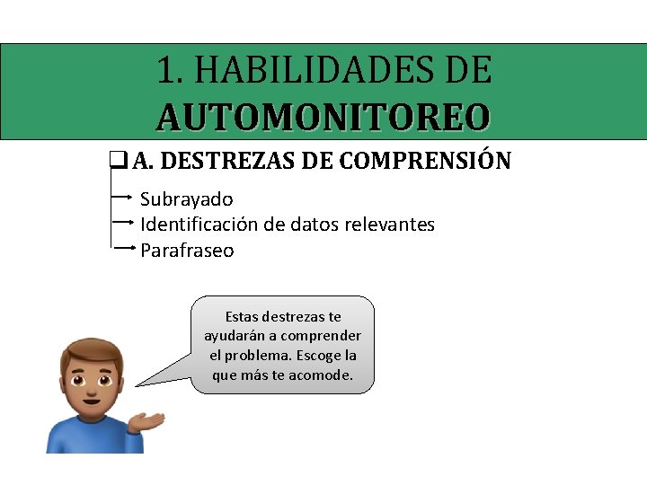 1. HABILIDADES DE AUTOMONITOREO q A. DESTREZAS DE COMPRENSIÓN Subrayado Identificación de datos relevantes