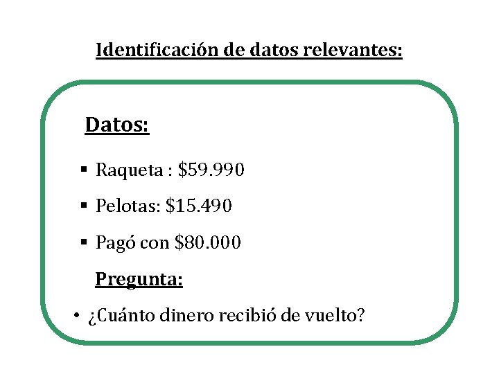 Identificación de datos relevantes: Datos: § Raqueta : $59. 990 § Pelotas: $15. 490