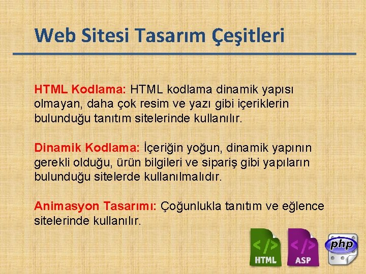 Web Sitesi Tasarım Çeşitleri HTML Kodlama: HTML kodlama dinamik yapısı olmayan, daha çok resim