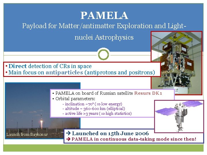 PAMELA Payload for Matter/antimatter Exploration and Lightnuclei Astrophysics • Direct detection of CRs in