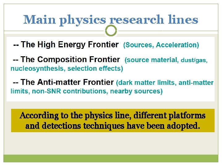 Main physics research lines According to the physics line, different platforms and detections techniques