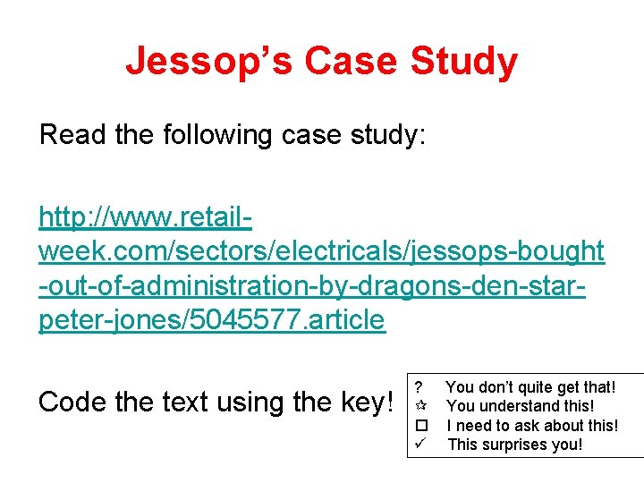 Jessop’s Case Study Read the following case study: http: //www. retailweek. com/sectors/electricals/jessops-bought -out-of-administration-by-dragons-den-starpeter-jones/5045577. article