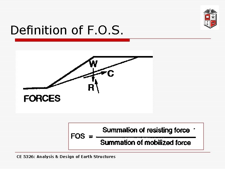 Definition of F. O. S. CE 5326: Analysis & Design of Earth Structures 