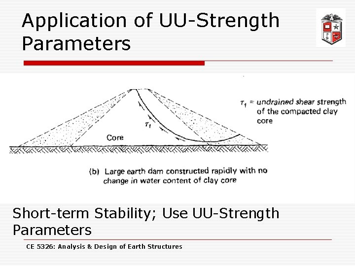 Application of UU-Strength Parameters Short-term Stability; Use UU-Strength Parameters CE 5326: Analysis & Design