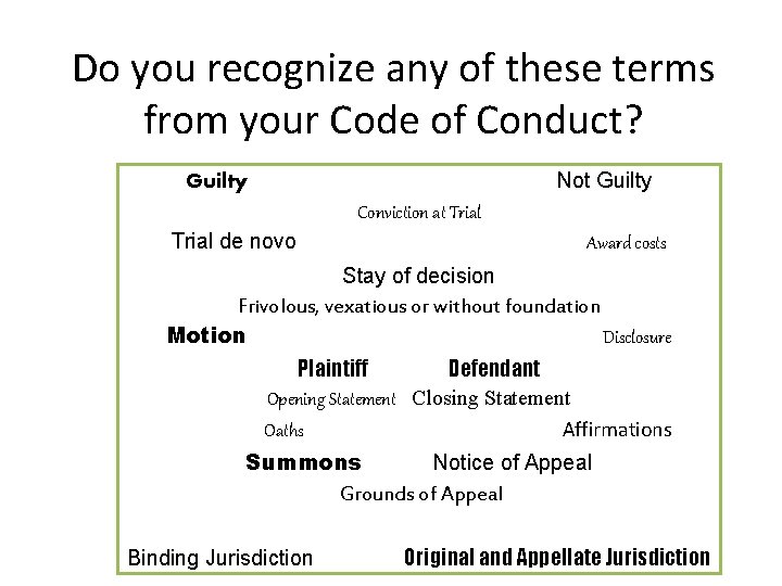 Do you recognize any of these terms from your Code of Conduct? Not Guilty