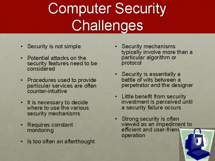 Computer Security Challenges • Security is not simple • Potential attacks on the security