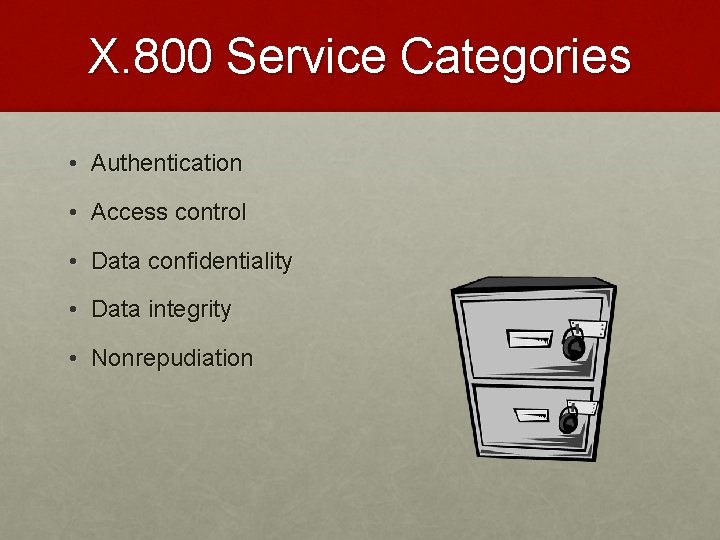 X. 800 Service Categories • Authentication • Access control • Data confidentiality • Data