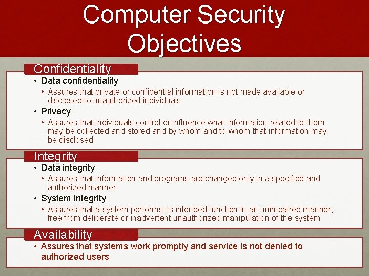 Computer Security Objectives Confidentiality • Data confidentiality • Assures that private or confidential information