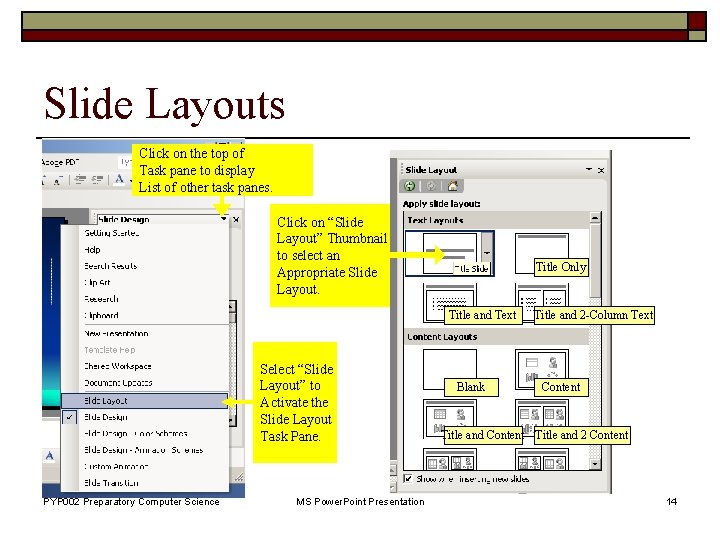 Slide Layouts Click on the top of Task pane to display List of other