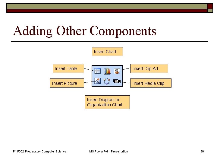 Adding Other Components Insert Chart Insert Table Insert Clip Art Insert Picture Insert Media
