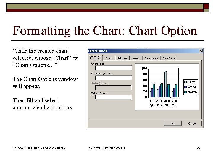 Formatting the Chart: Chart Option While the created chart selected, choose “Chart” “Chart Options…”