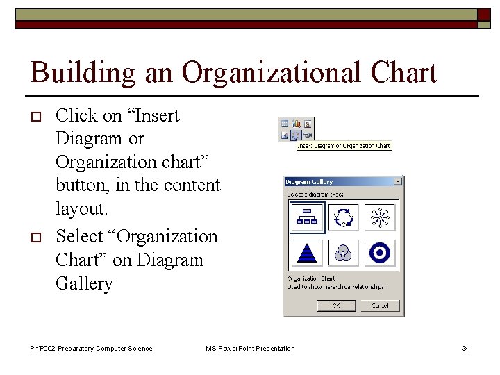 Building an Organizational Chart o o Click on “Insert Diagram or Organization chart” button,