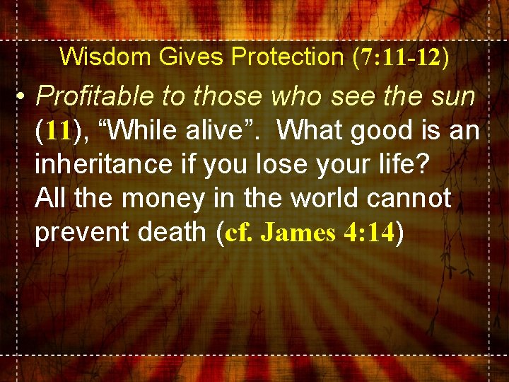 Wisdom Gives Protection (7: 11 -12) • Profitable to those who see the sun