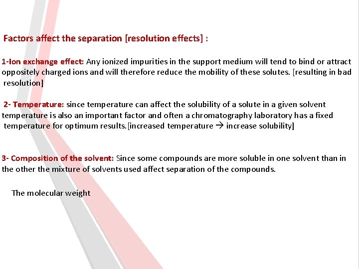 Factors affect the separation [resolution effects] : 1 -Ion exchange effect: Any ionized impurities