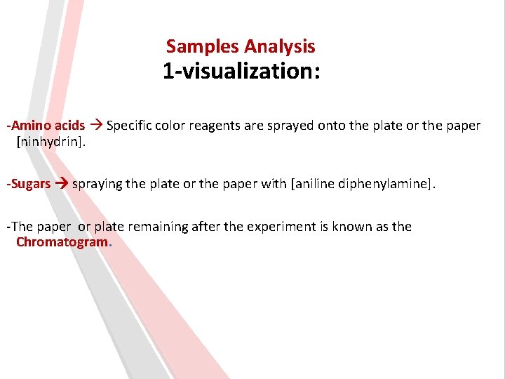 Samples Analysis 1 -visualization: -Amino acids Specific color reagents are sprayed onto the plate Samples Analysis 1 -visualization: -Amino acids Specific color reagents are sprayed onto the plate