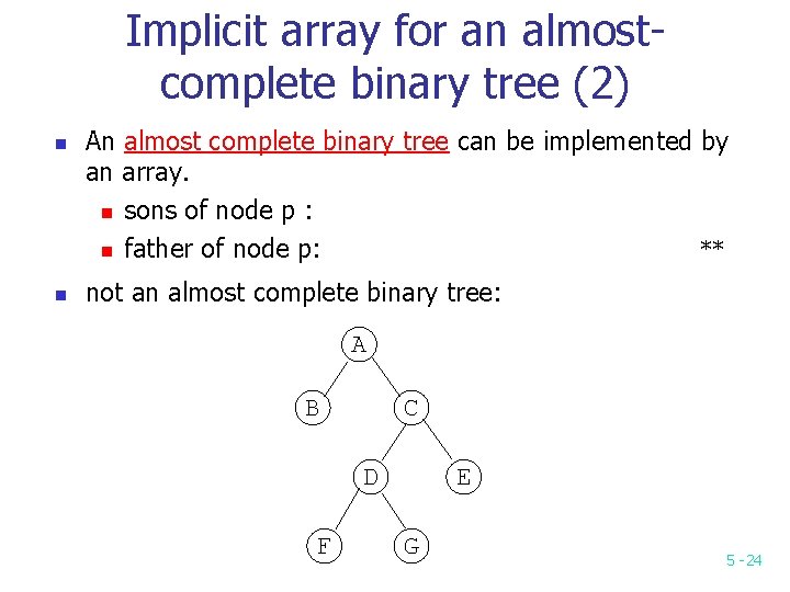 Implicit array for an almostcomplete binary tree (2) n n An almost complete binary Implicit array for an almostcomplete binary tree (2) n n An almost complete binary
