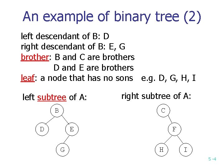 An example of binary tree (2) left descendant of B: D right descendant of An example of binary tree (2) left descendant of B: D right descendant of