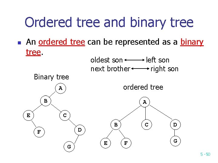 Ordered tree and binary tree n An ordered tree can be represented as a Ordered tree and binary tree n An ordered tree can be represented as a