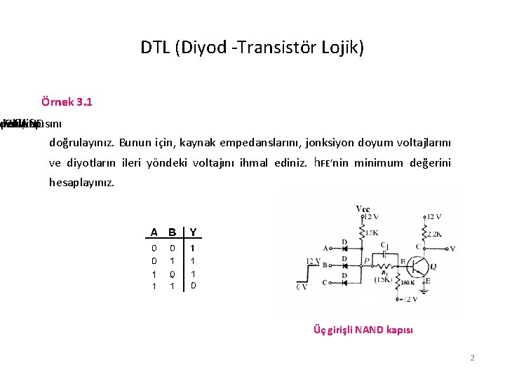 DTL (Diyod -Transistör Lojik) Örnek 3. 1 deki pozitif Volt Sıfır NAND a)kapısını doğrulayınız.