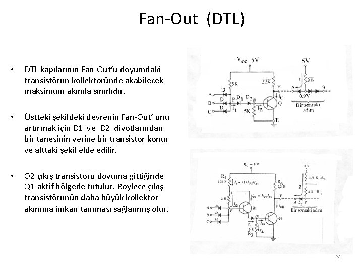 Fan-Out (DTL) • DTL kapılarının Fan-Out‘u doyumdaki transistörün kollektöründe akabilecek maksimum akımla sınırlıdır. •