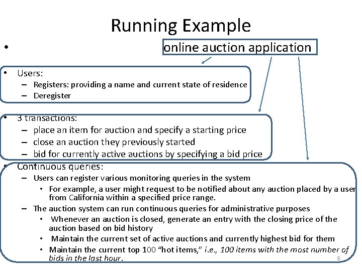 Running Example online auction application • • Users: – Registers: providing a name and