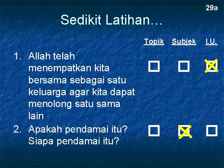 29 a Sedikit Latihan… Topik 1. Allah telah menempatkan kita bersama sebagai satu keluarga