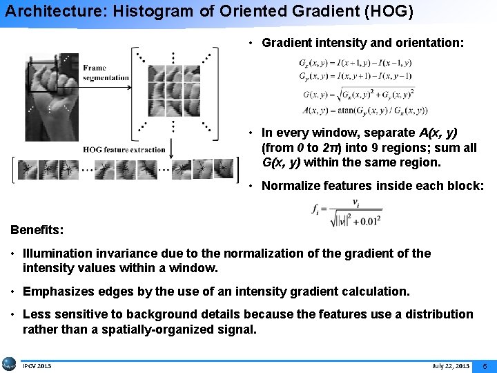 Architecture: Histogram of Oriented Gradient (HOG) • Gradient intensity and orientation: • In every