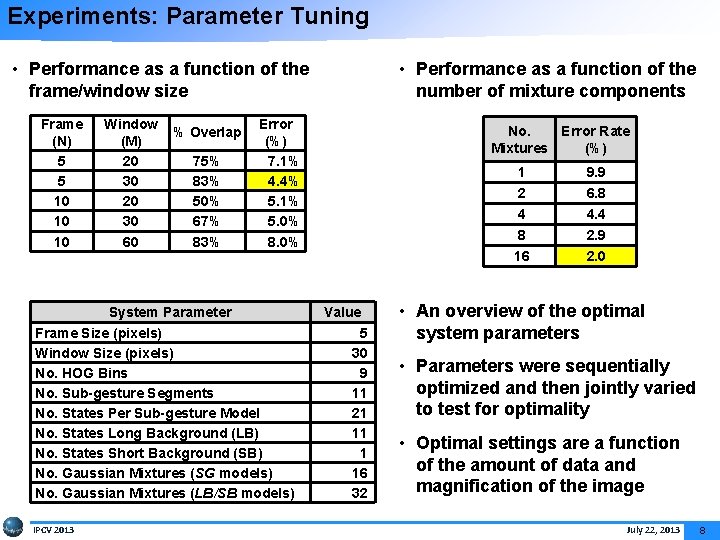 Experiments: Parameter Tuning • Performance as a function of the frame/window size Frame (N)