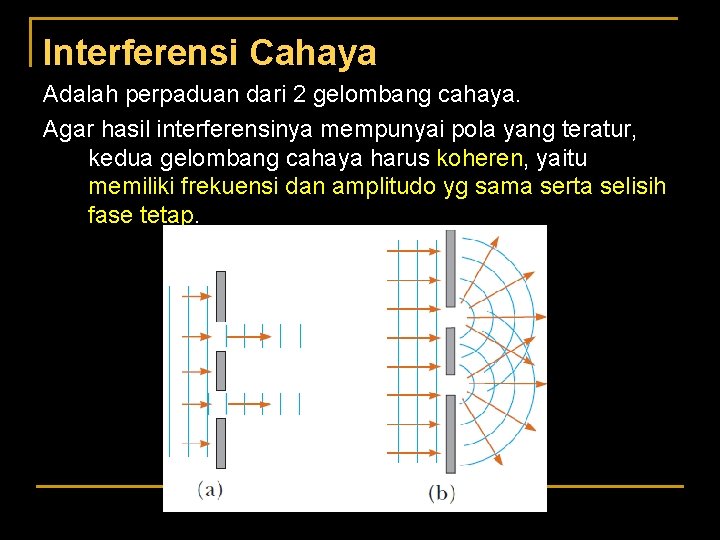 Interferensi Cahaya Adalah perpaduan dari 2 gelombang cahaya. Agar hasil interferensinya mempunyai pola yang