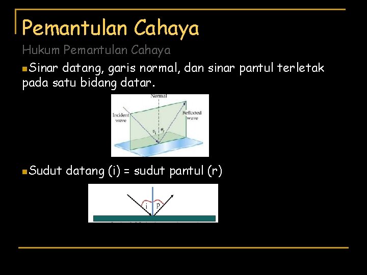 Pemantulan Cahaya Hukum Pemantulan Cahaya n. Sinar datang, garis normal, dan sinar pantul terletak