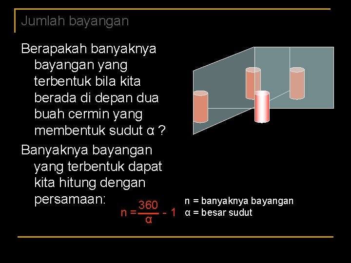 Jumlah bayangan Berapakah banyaknya bayangan yang terbentuk bila kita berada di depan dua buah