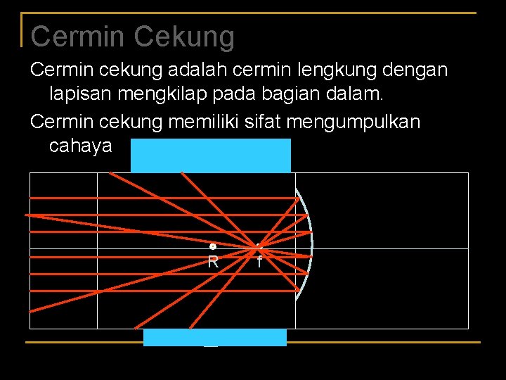 Cermin Cekung Cermin cekung adalah cermin lengkung dengan lapisan mengkilap pada bagian dalam. Cermin