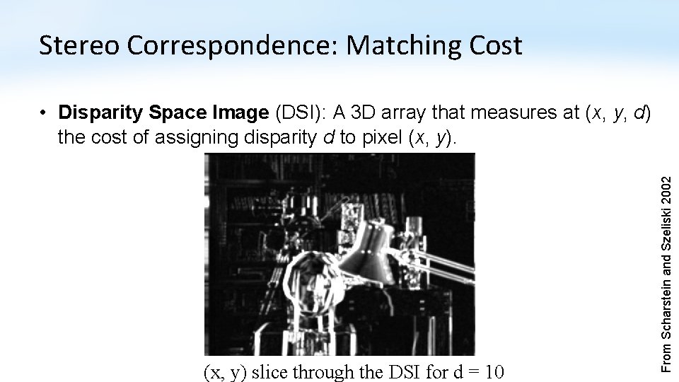 Stereo Correspondence: Matching Cost (x, y) slice through the DSI for d = 10 Stereo Correspondence: Matching Cost (x, y) slice through the DSI for d = 10