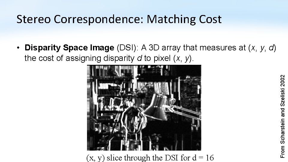 Stereo Correspondence: Matching Cost (x, y) slice through the DSI for d = 16 Stereo Correspondence: Matching Cost (x, y) slice through the DSI for d = 16