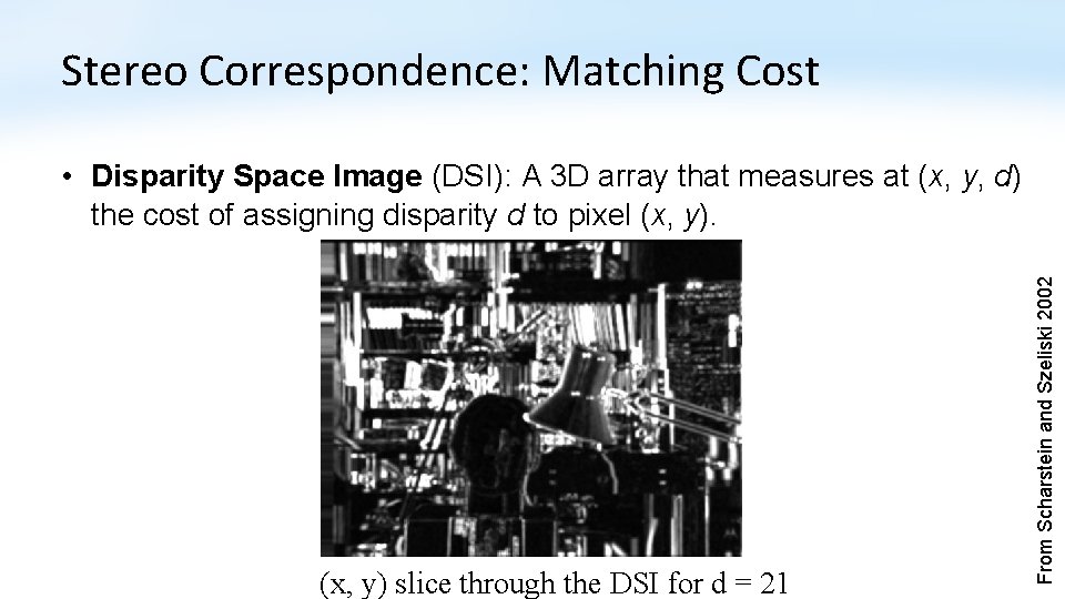 Stereo Correspondence: Matching Cost (x, y) slice through the DSI for d = 21 Stereo Correspondence: Matching Cost (x, y) slice through the DSI for d = 21