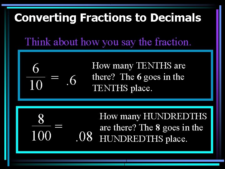 Converting Fractions to Decimals Think about how you say the fraction. 6 =. 6