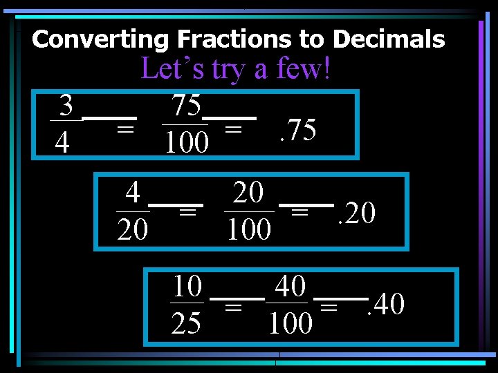Converting Fractions to Decimals 3 4 Let’s try a few! 75 = 100 =.