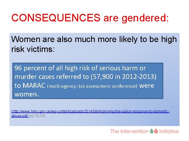 CONSEQUENCES are gendered: Women are also much more likely to be high risk victims: