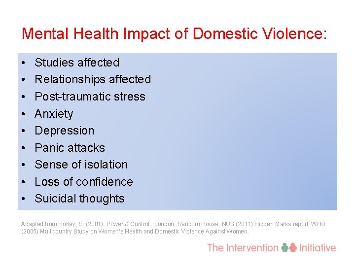 Mental Health Impact of Domestic Violence: • • • Studies affected Relationships affected Post-traumatic