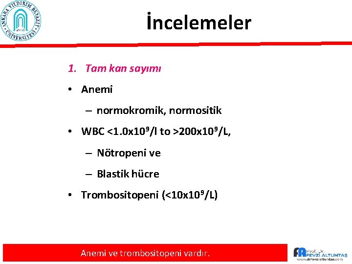 İncelemeler 1. Tam kan sayımı • Anemi – normokromik, normositik • WBC <1. 0