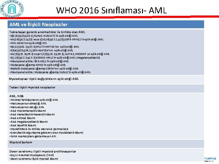 WHO 2016 Sınıflaması- AML ve İlişkili Neoplaziler Tekrarlayan genetik anormallikler ile birlikte olan AML