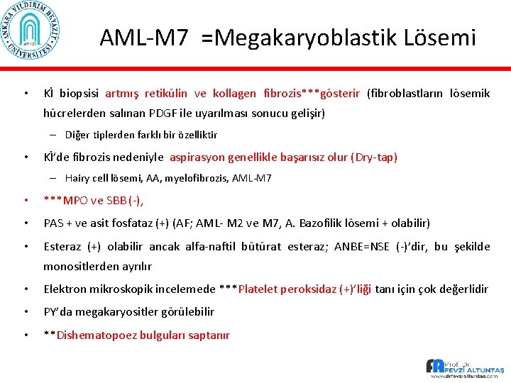 AML-M 7 =Megakaryoblastik Lösemi • Kİ biopsisi artmış retikülin ve kollagen fibrozis***gösterir (fibroblastların lösemik