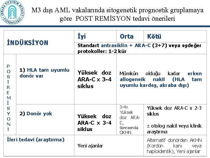 M 3 dışı AML vakalarında sitogenetik prognostik gruplamaya göre POST REMİSYON tedavi önerileri İNDÜKSİYON