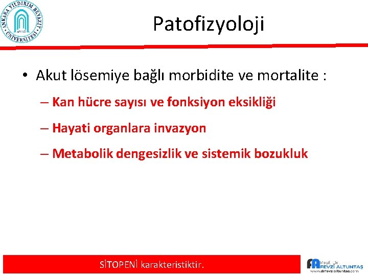 Patofizyoloji • Akut lösemiye bağlı morbidite ve mortalite : – Kan hücre sayısı ve