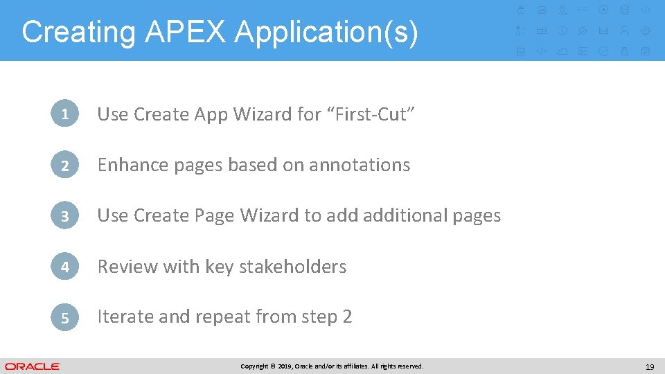 Creating APEX Application(s) 1 Use Create App Wizard for “First-Cut” 2 Enhance pages based Creating APEX Application(s) 1 Use Create App Wizard for “First-Cut” 2 Enhance pages based