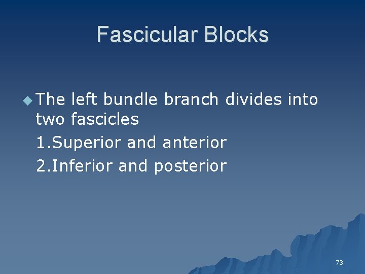 Fascicular Blocks u The left bundle branch divides into two fascicles 1. Superior and