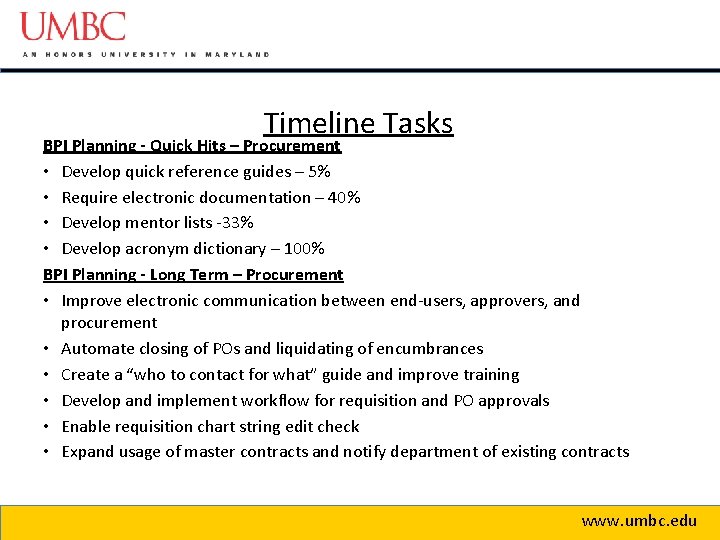 Timeline Tasks BPI Planning - Quick Hits – Procurement • Develop quick reference guides